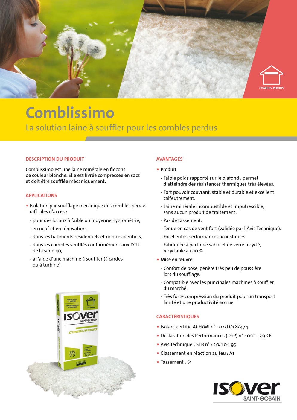 documentation Comblissimo isolation St Gobain laine projetee